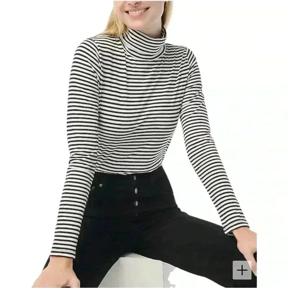 J. Crew Printed tissue turtleneck Women’s large Black/ivory Striped 100% cotton - Picture 2 of 16
